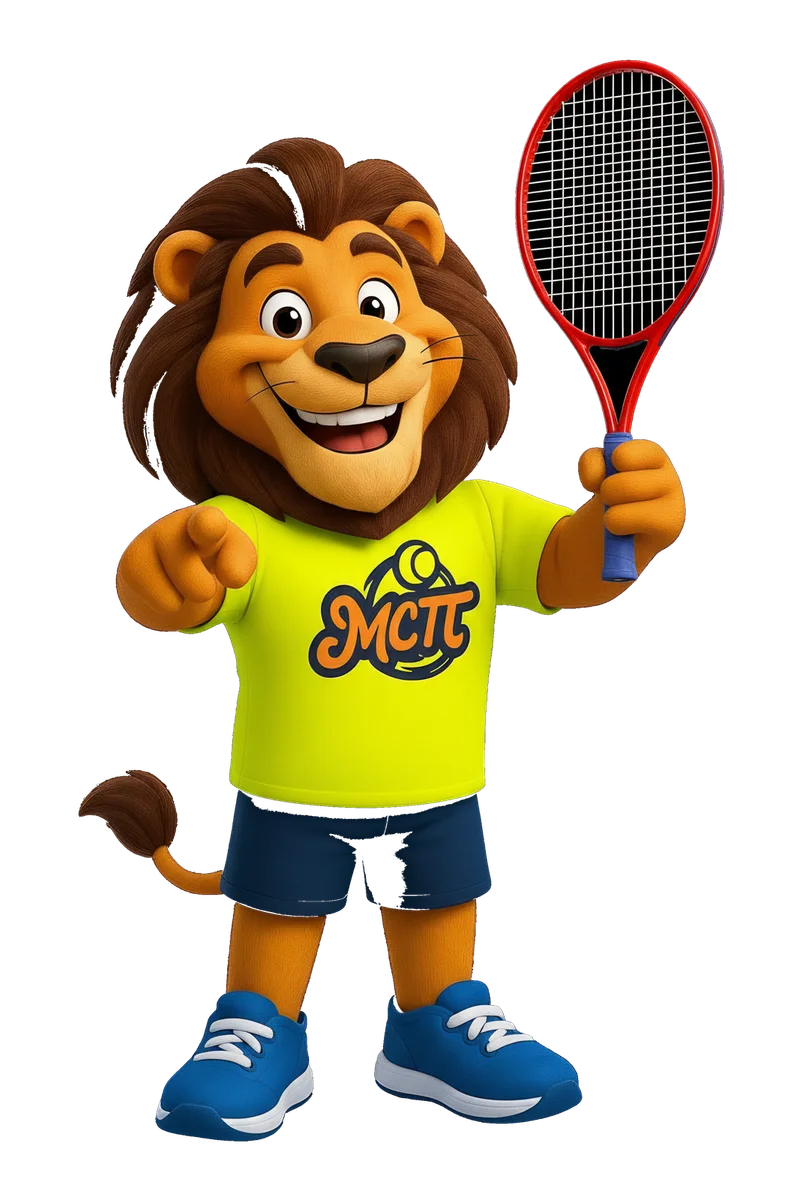 LEO, la mascotte di MCTT, con la racchetta in mano